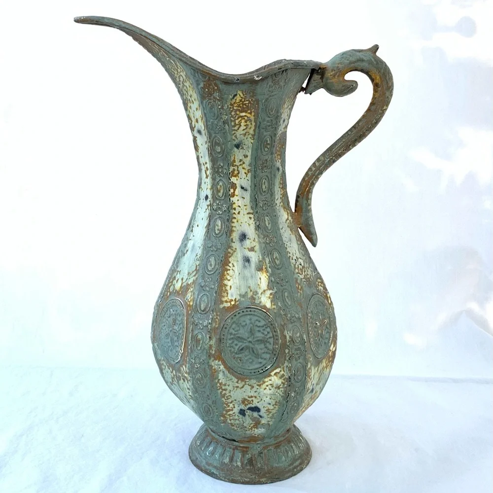 Rustic Textured Intricate Pattern Metal Footed Decorative Pitcher Vase